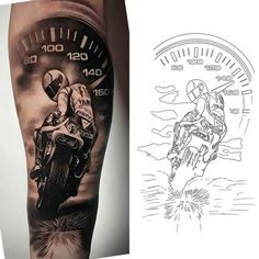 a man with a motorcycle tattoo on his arm next to an image of a speedometer