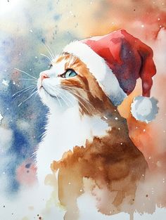 Einfache Aquarellbilder wie dieses einer Katze mit Nikolausmütze eignen sich perfekt für Anfänger, da sie keinen komplexen Bildaufbau erfordern. Zudem besitzen solch minimalistische Aquarelle einen eigenen Charme, weil sie die Fantasie des Betrachters noch stärker anregen als ein klassisches Aquarell. Christmas Cat Watercolor, Christmas Drawings Beautiful, Aquarell Christmas, Cats Art Drawing, Santa Art, Watercolor Subjects, Watercolor Sketching And Journaling, Diy Watercolor Painting