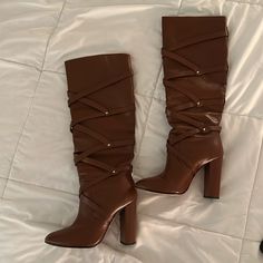 Gorgeous Boots - Only Worn Twice! Luxury Brown Knee-high Boots With Sculpted Heel, Elegant Medium Width Brown Knee-high Boots, Brown Knee-high Boots With Medium Width, Gorgeous Boots, Brown Knee-high Heeled Boots With Zipper Closure, Aquazzura Shoes, Brown Zipper Closure Knee-high Boots, Leather Luggage, Shoes Heels Boots