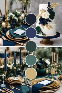 the table is set with blue and gold plates, candles, and flowers on it