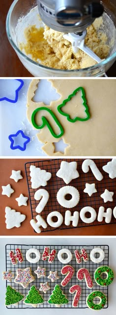 four different pictures with cookies and cookie cutters on the top one is decorated in green, white and red icing