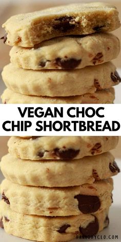 vegan chocolate chip shortbread cookies stacked on top of each other