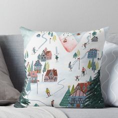 a painting of people skiing down a hill in the winter throw pillow by artist and photographer laura lee