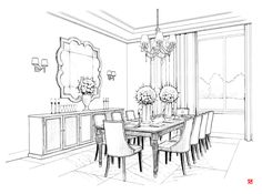 a drawing of a dining room table and chairs