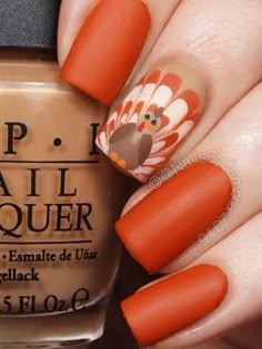 Thanksgiving nails: burnt orange with a turkey November Nail Art, 15 Nails, Thanksgiving Nails Color, November Nail Designs, 30 Nails, Thanksgiving Nail Designs, Thanksgiving Nail Art, November Nails