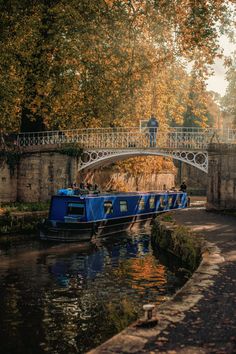 a blue boat traveling down a river next to a bridge and trees with leaves on them