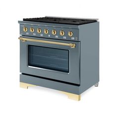 an oven with two burners and gold trimmings on the front, against a white background