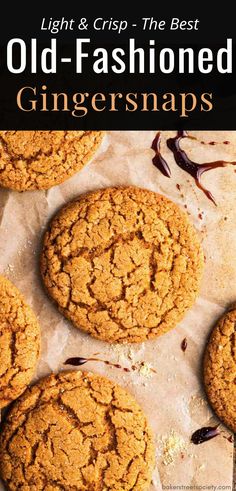 crisp gingersnap cookies on brown parchment with molasses and ginger on the parchment Cookies For Fall, Gingersnap Cookies Chewy, Ginger Snap Cookies Recipe, Ginger Snaps Recipe, Gingersnap Cookies, Cookies To Make, Cookie Exchange Recipes, Perfect Cookies, Creative Baking