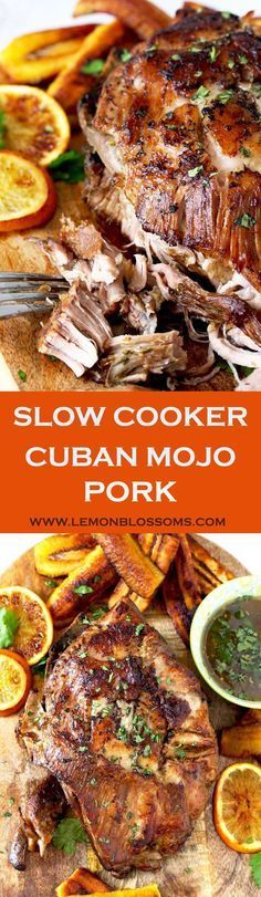 slow cooker cuban mojo pork on a cutting board with orange slices and garnishes