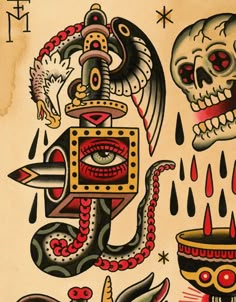 an old school tattoo design with skulls and other items