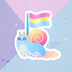 a sticker with a snail holding a rainbow flag