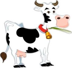 a black and white cow with a bell around its neck holding a green plant in it's mouth