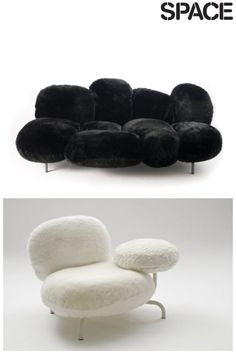 an image of a black and white couch with sheepskin on the back, and another photo of a chair