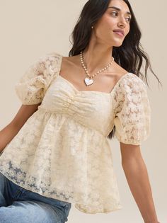 Made from lightweight applique fabric, this adorable babydoll top is the staple your closet needs for transitioning seasons. The puff sleeves and sweetheart neckline make this piece flattering for any occasion. Floral Babydoll Top, Applique Fabric, Women's Blouses, Lace Babydoll, Pinterest Closet, Altard State, Babydoll Top, Sweater Sale