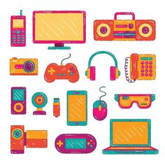 an assortment of electronic devices and gadgets are shown in this graphic style, including a laptop