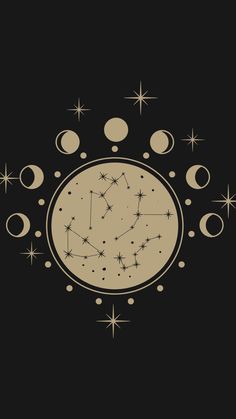 the zodiac sign is surrounded by stars and moon phases