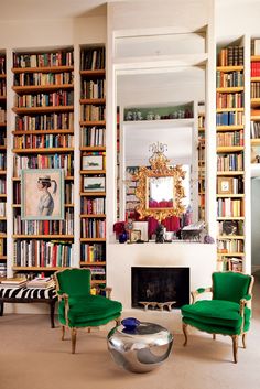 a living room filled with lots of books and furniture