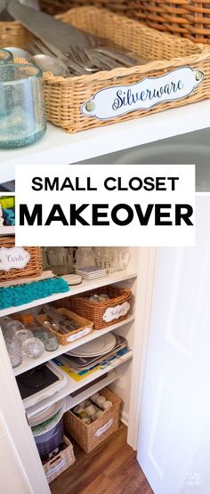 small closet makeover with baskets and labels