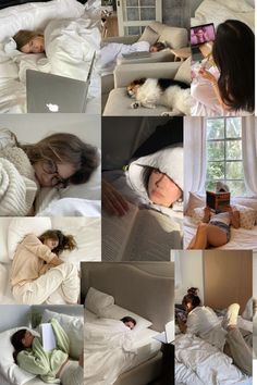 a collage of photos with people sleeping in bed and using laptops on the bedspreads