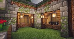 the inside of a minecraft house with two doors open and lights on each side