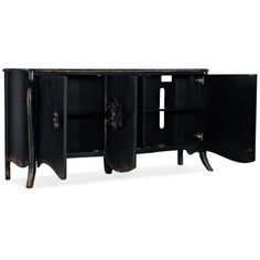 an entertainment center with two doors and three drawers on one side, in black finish