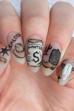 Hand-Painted Cowgirl Design on nails Nails With Horseshoe Design, Nail Art Designs Western, Horse Nail Ideas, Cute Rodeo Nails, Cowboy Nail Art, Nail Ideas Country, Country Style Nails, Country Christmas Nails, Cowboy Nails Design