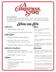 a christmas story flyer with the words food and fun written on it's side