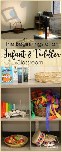 the beginnings of an infant's toddler classroom with toys and books on shelves