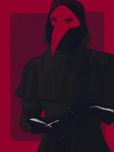 a drawing of a person in a black outfit with a bird mask on their head