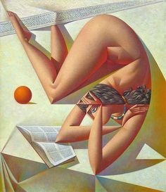 a painting of a woman laying on the ground with an orange in her hand and reading a book