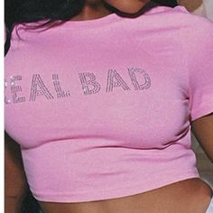 Pink Crop Top With Rhinestone Details! Fits True To Size! 95% Polyester 5% Spandex #Real-Bad Boots Available As Well! Search Material Girl! 2000 Rinestone Shirt, Tops Summer 2023, Shirts Grunge, Trashy Aesthetic, 2000s Trashy, Girls Streetwear, Grunge 2000s, Y2k Crop Top, Summer Crop Tops