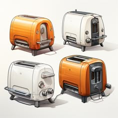 three toasters with different colors and designs on them