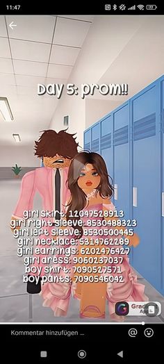 an animated image of a man and woman kissing in front of lockers with the text day 5 prom