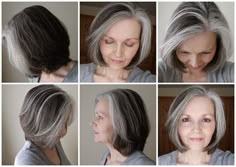 Another great way to transition into grey. Large blocks on grey to pave the way. Colour Block Hair, Going Grey Gracefully, Hair Color Grey, Grey Hair Transition, Grey Hair Don't Care, Gray Hair Transition