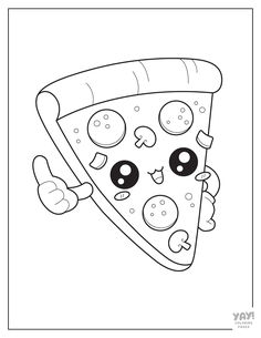 Cute kawaii pizza giving thumbs up. Coloring Pages Aesthetic Food, Cartoon Pizza Drawing, Pizza Colouring Sheet, Aesthetic Food Coloring Pages, Cute Food Colouring Page, Pizza Cartoon, Pizza Drawing