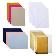 six different colors of envelopes with white paper on each side and gold foil on the other