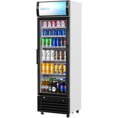 an image of a beverage cooler with drinks in the door and shelves full of beverages