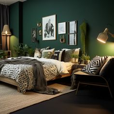 a bedroom with green walls and pictures on the wall