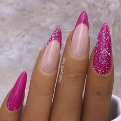 Silver Pink Nails, Silver And Pink Nails, Raspberry Nails, Nails Model, Glitter Press On Nails, Glitter French Nails, Nails Ballerina, Nails Luxury, Luxury Press On Nails