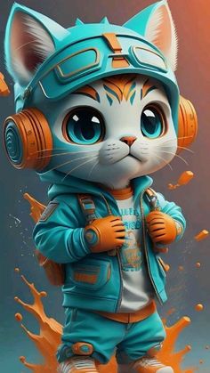 a cartoon cat wearing headphones with orange and blue paint