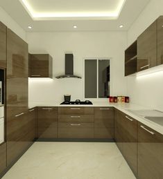 a modern kitchen with wooden cabinets and white counter tops, along with an overhead lighting