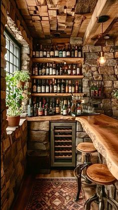 an old fashioned bar with wooden shelves and stools