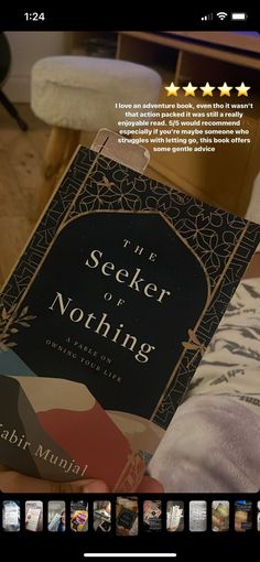 a person holding a book in their hand with five stars above it that says the seeker of nothing