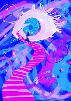 a painting of a person walking down a red and blue staircase with an eyeball in the center