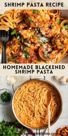 shrimp pasta recipe with homemade blacked shrimp in a skillet