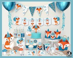 a birthday party set up with fox decorations