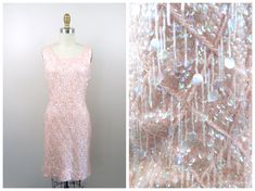 "This mid century vintage beauty is fully embellished with paillette sequins and beading and is in perfect condition! Measurements: Bust - 32-36\" Waist - 26-30\" Hips - 36-40\" Length - 37\" This amazing dress comes from a pet-free and smoke-free home. If you would like more info or have any questions, please ask!" Vintage Pink Sequined Dresses, Vintage Sequin Dress For Wedding, Vintage Pink Sequin Dress, Pink Vintage Sequin Dress, Vintage Sequin Dresses For Spring, Vintage Embellished Sequin Dress For Summer, Vintage Embellished Sequin Summer Dress, Vintage Evening Sequin Dress, Vintage Summer Embellished Sequin Dress