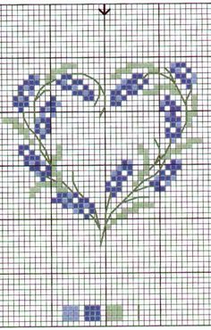 a cross stitch pattern with blue and green flowers in the shape of a heart on a white background