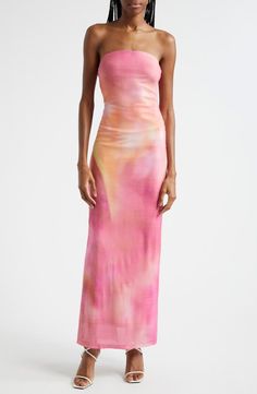 Rare London Tie Dye Strapless Mesh Gown | Nordstrom Mesh Gown, Resort Dresses, Dye Dress, Favorite Daughter, Tie Dye Dress, Maternity Shops, Designer Clothes For Men, Modern Outfits, Tie Dye Print