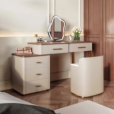 a bedroom with a bed, desk and mirror on it's side table in front of a wooden paneled wall